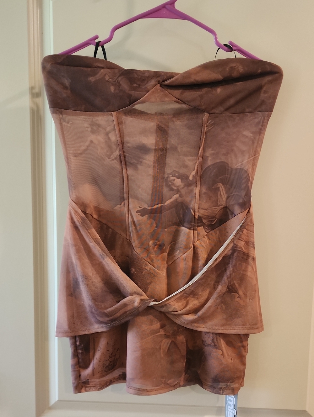 Missguided Strapless Draped Mini Dress in Dusty Rose and Brown Vintage print
